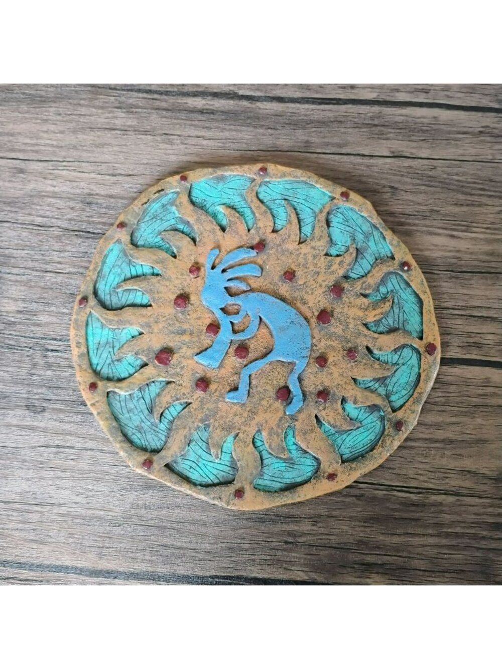 Kokopelli Sun Design Wall Hanging, Southwestern Ceramic Turquoise Tan 10"